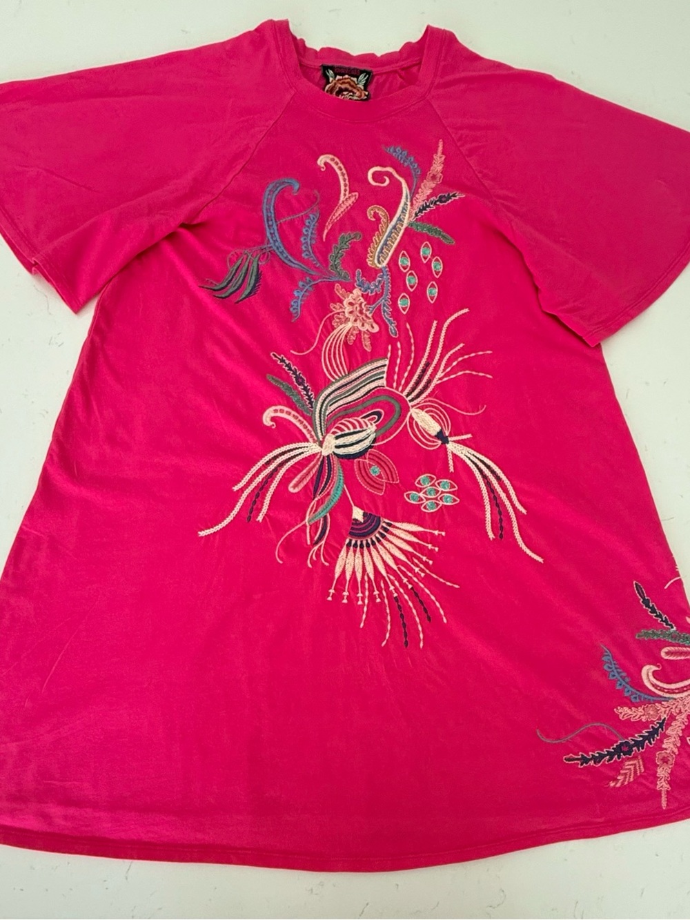 Johnny Was Hot Pink Embroidered Floral Patch loose fit dress